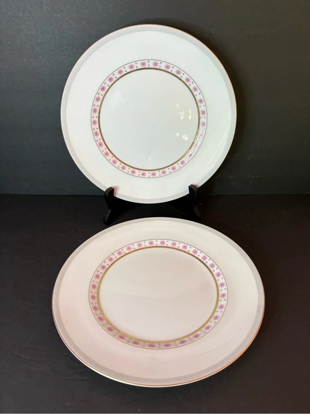Vintage Pink Atomic Starburst Meito Fine China 10” Dinner Plates Set of 2